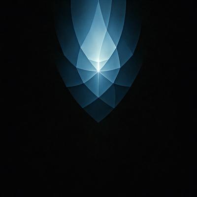 The primary subject of the image is a blue and white geometric pattern, which appears to be a light source or a patterned wall. The setting is a dark room, and the visual style is a combination of a photo and digital art. The dominant colors are blue and white, creating a calm and soothing atmosphere.
